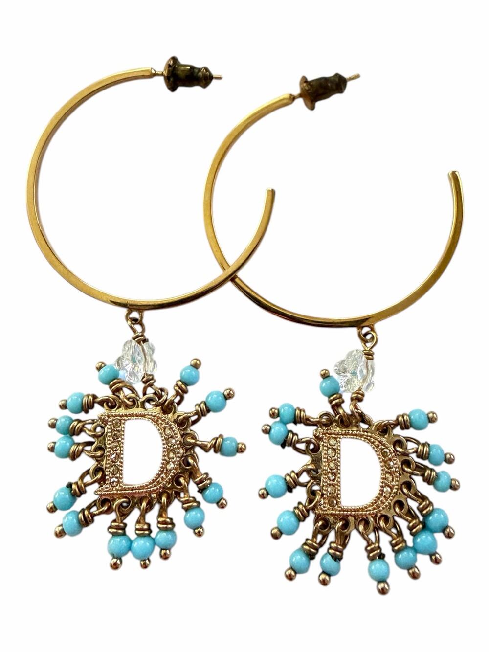 Vintage Christian Dior Turquoise D Logo Charm Beaded Fringe Boho Hoop Earrings